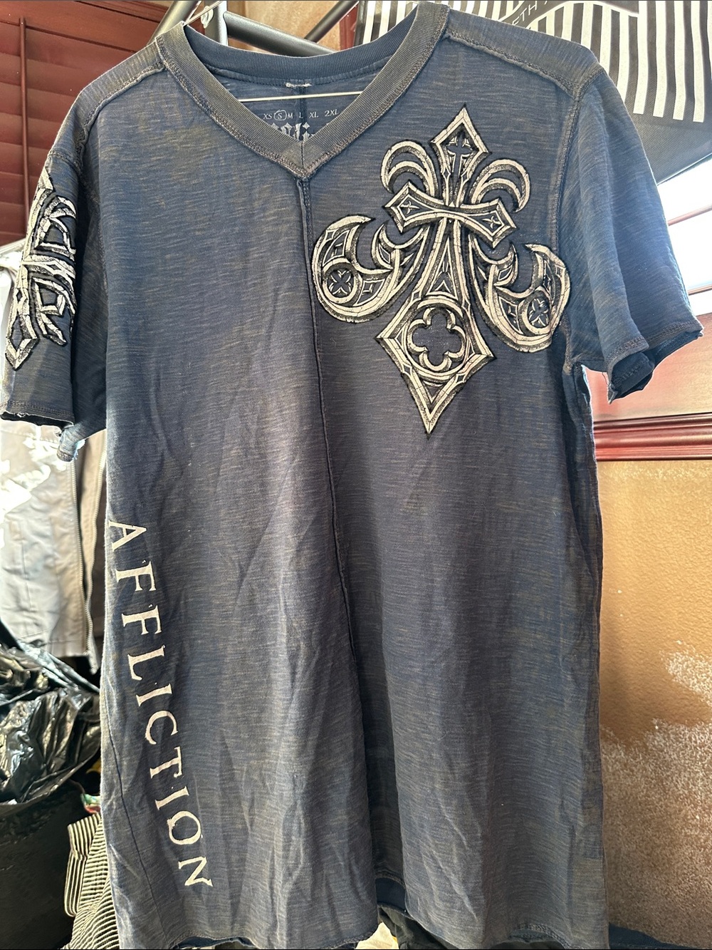 Affliction Navy Blue Short-Sleeve V-Neck with Embroidered Cross